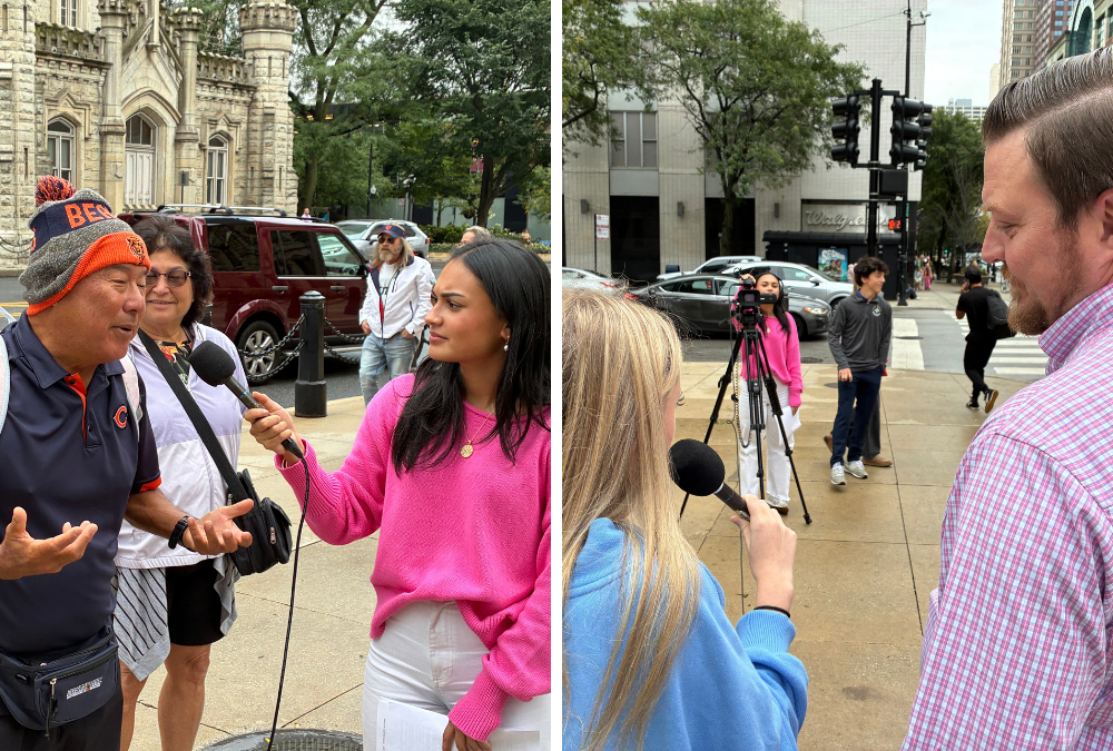 St. Ignatius College Prep students conduct on-camera interviews with community